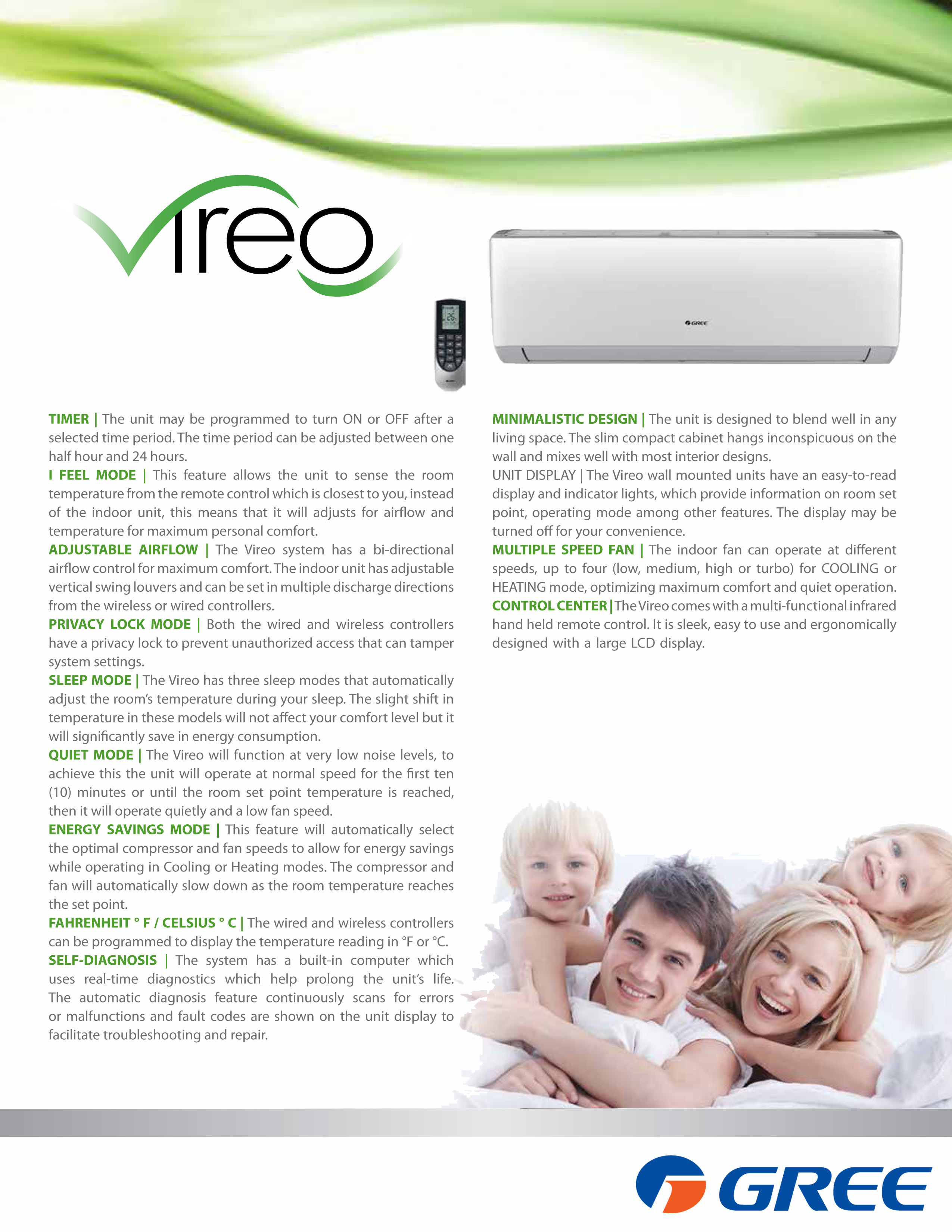 Mini Split 18,000 BTU GREE Vireo 20 SEER Heat Pump System VIR18HP230V1BO, VIR18HP230V1BH WIFI Capable (T)